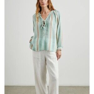 Rails Brielle Seaview Stripe Top Linen Viscose Tie V-neck Large Coastal Resort